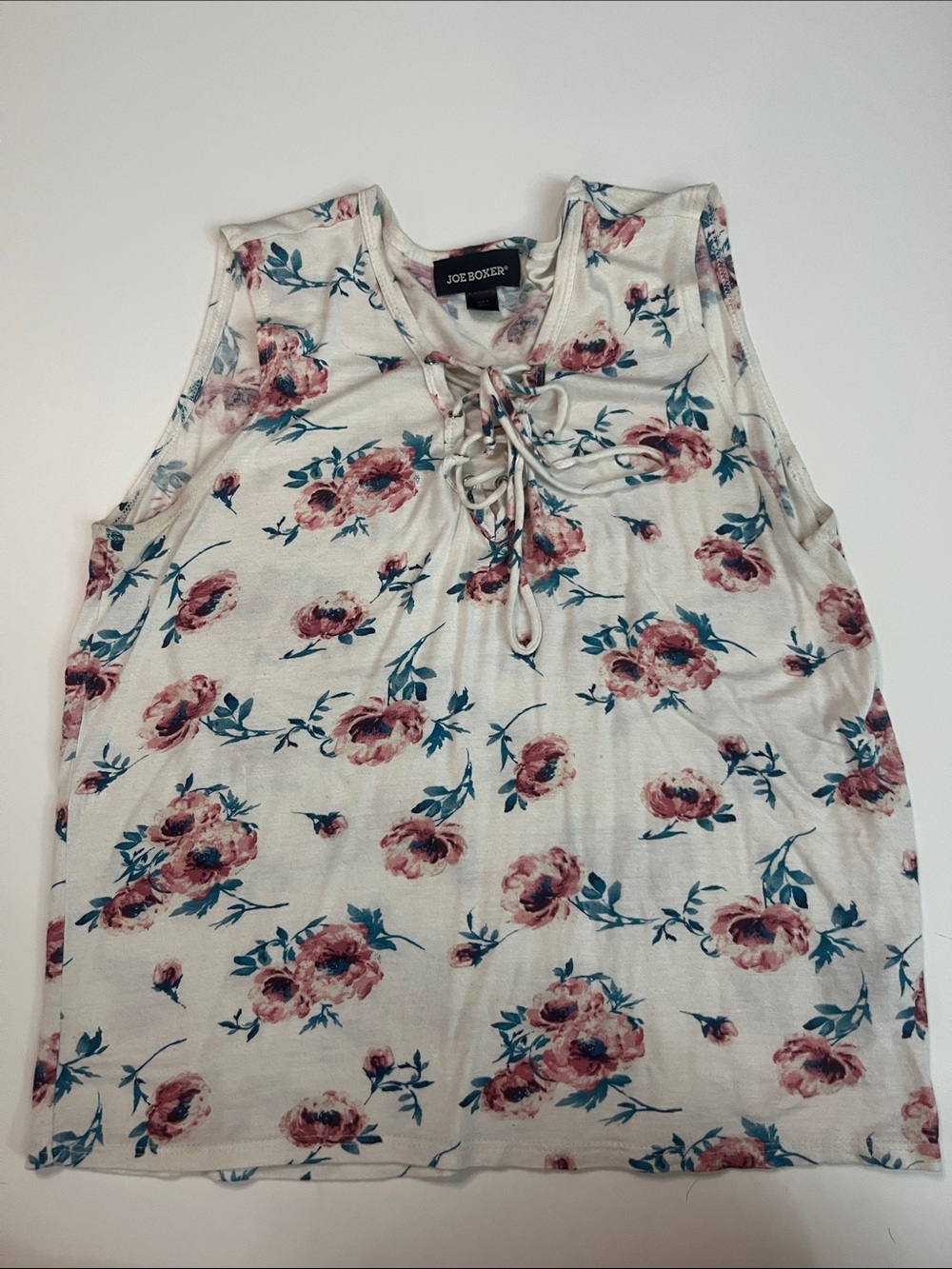 Joe Boxer Cream Tank with Pink Rose Print and Teal Leaves